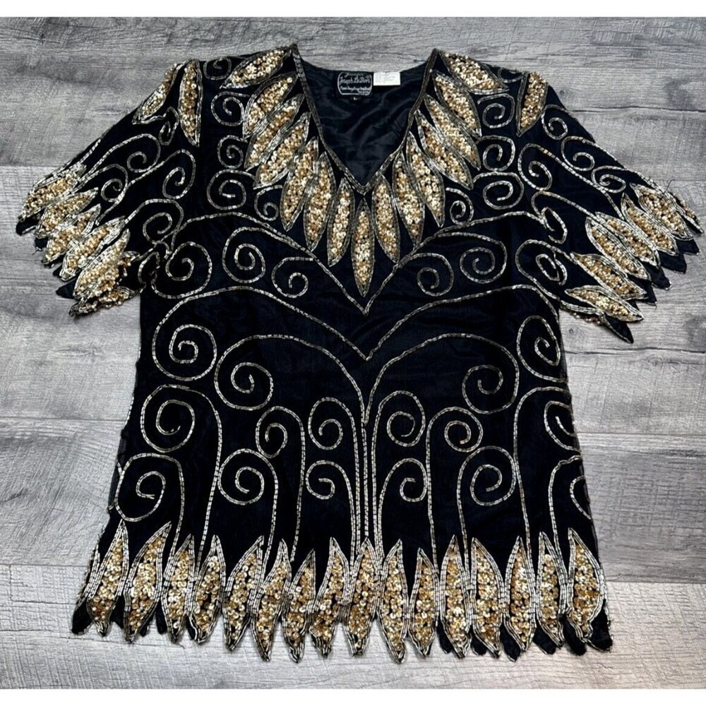 Vintage Silk Sequin Shirt Womens Large Black Gold Top Evening Cocktail Blouse